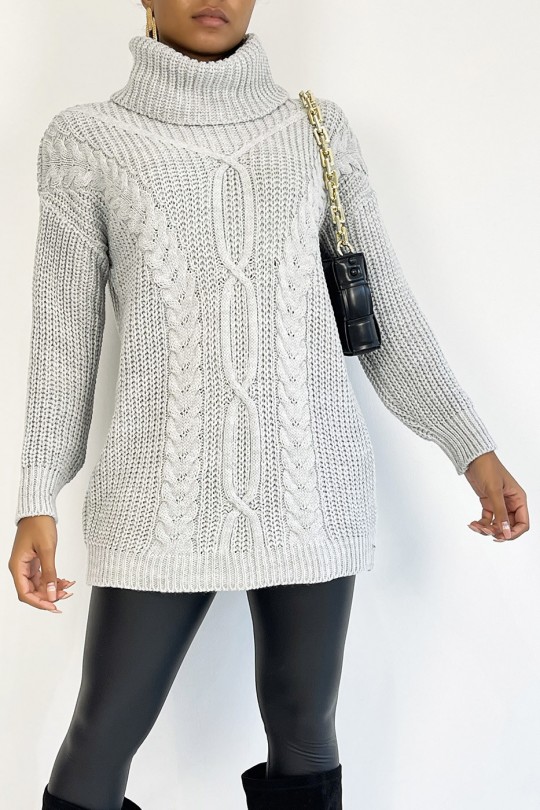 Lange grijze trui met grote coltrui met mesh-effect en vlechtdetail, bohemien chique stijl - 4