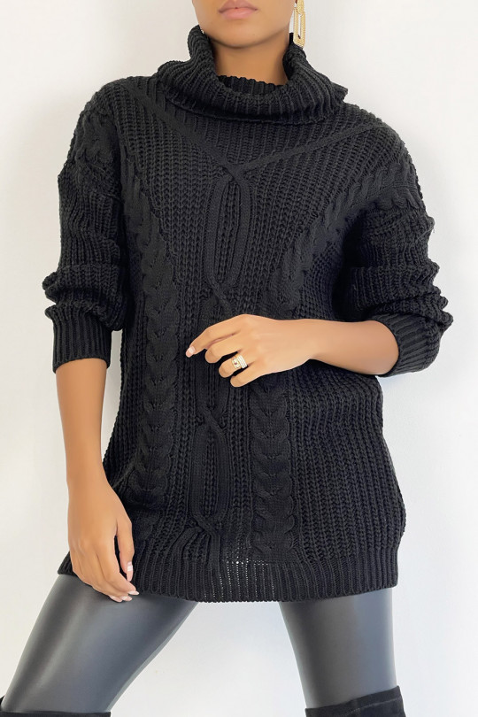 Long black jumper with large turtleneck knit effect with braid detail bohemian chic style - 3