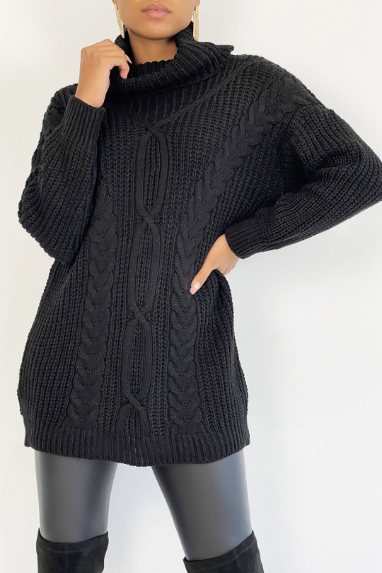 Lange zwarte trui met grote coltrui gebreid effect met gevlochten detail bohemien chique stijl - 4