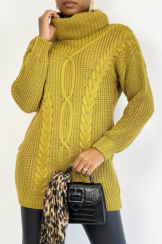 Long mustard yellow sweater with large turtleneck knit effect with bohemian chic style braid detail - 1
