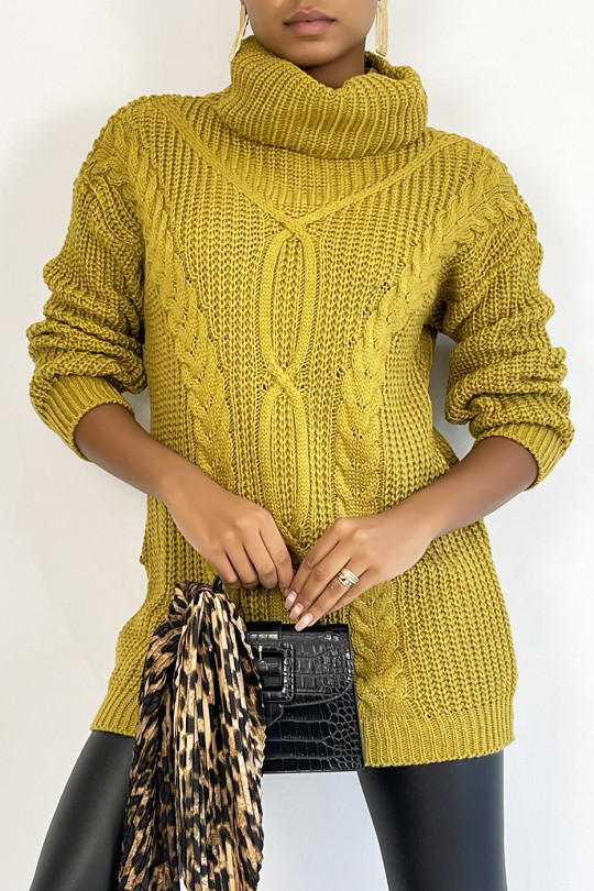 Long mustard yellow sweater with large turtleneck knit effect with bohemian chic style braid detail - 2
