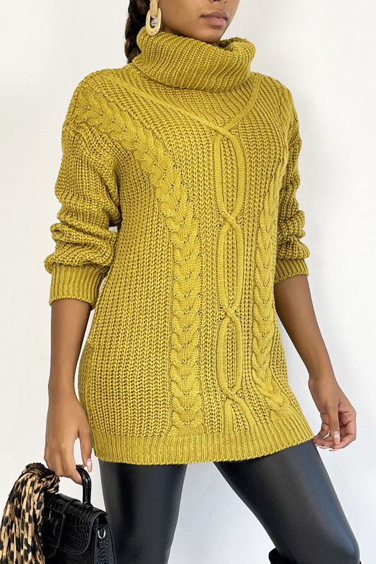 Long mustard yellow sweater with large turtleneck knit effect with bohemian chic style braid detail - 3