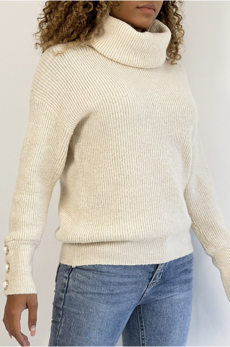 Pull beige col roulé et bien épais et duveteux  avec boutons aux manches - 2