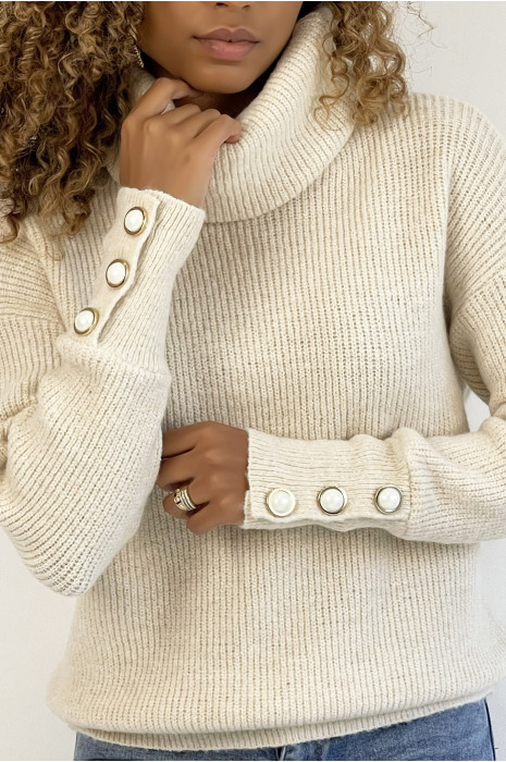 Pull beige col roulé et bien épais et duveteux  avec boutons aux manches - 5