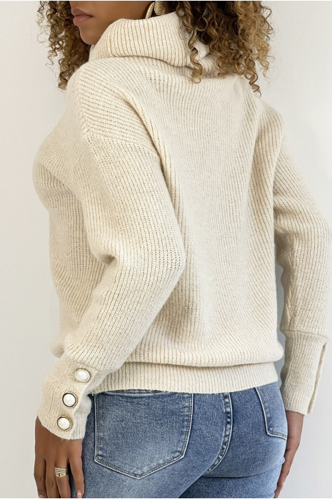Pull beige col roulé et bien épais et duveteux  avec boutons aux manches - 6