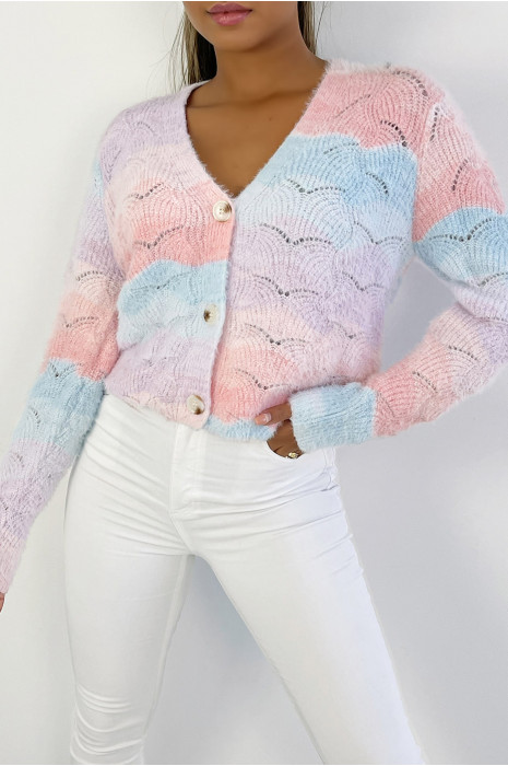 Gilet court couleur vitaminée rose bleu et lilas avec fermeture à boutons poils doux et col V - 3