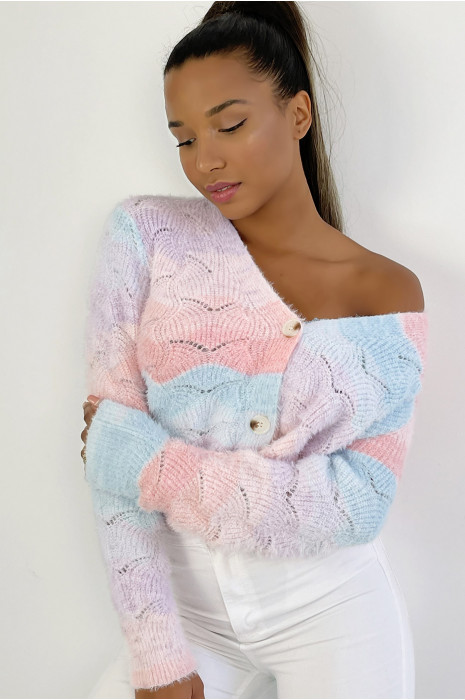 Gilet court couleur vitaminée rose bleu et lilas avec fermeture à boutons poils doux et col V - 4