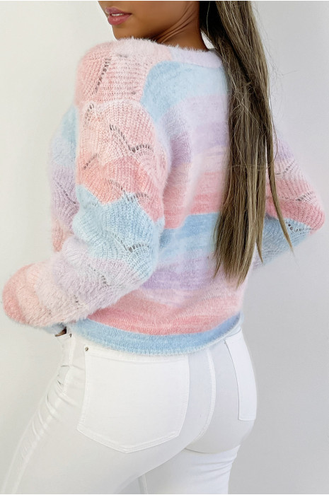 Gilet court couleur vitaminée rose bleu et lilas avec fermeture à boutons poils doux et col V - 5