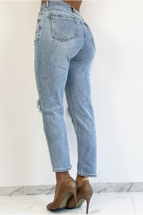 Jean bleu clair taille haute déchiré effet boyfriend push up cintré à la taille avec grosses poches arrières - 1