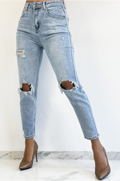Jean bleu clair taille haute déchiré effet boyfriend push up cintré à la taille avec grosses poches arrières - 2