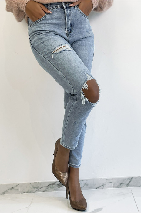 Jean bleu clair taille haute déchiré effet boyfriend push up cintré à la taille avec grosses poches arrières - 3