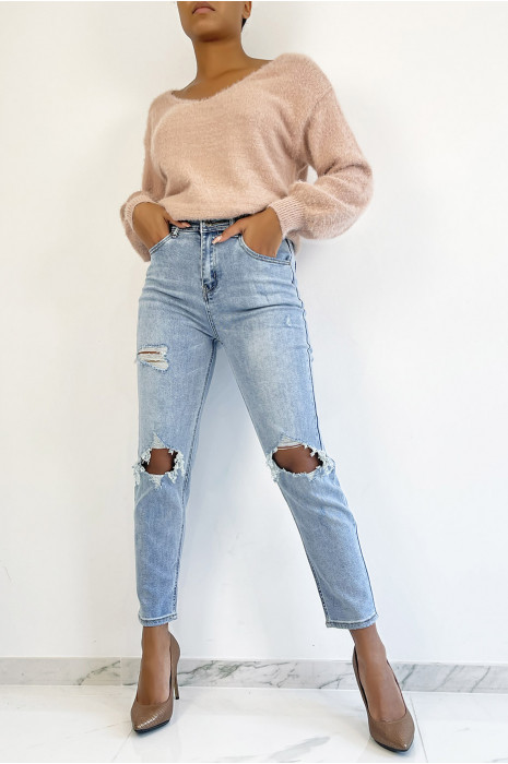 Jean bleu clair taille haute déchiré effet boyfriend push up cintré à la taille avec grosses poches arrières - 4