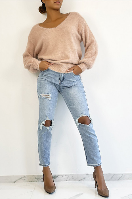 Jean bleu clair taille haute déchiré effet boyfriend push up cintré à la taille avec grosses poches arrières - 5