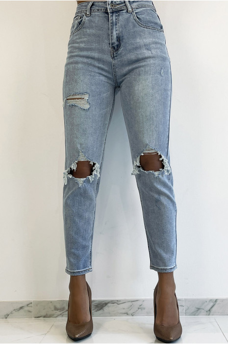 Jean bleu clair taille haute déchiré effet boyfriend push up cintré à la taille avec grosses poches arrières - 6
