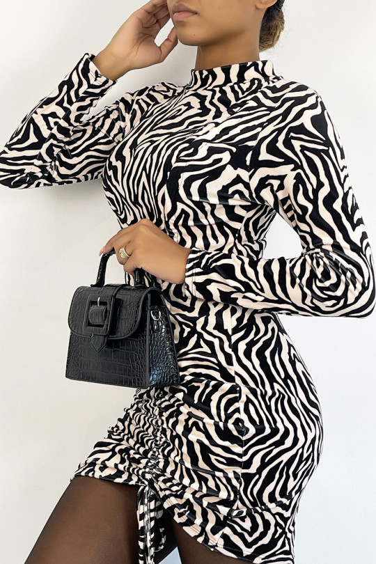 Black and beige zebra print velvet dress with adjustable gathered - 2