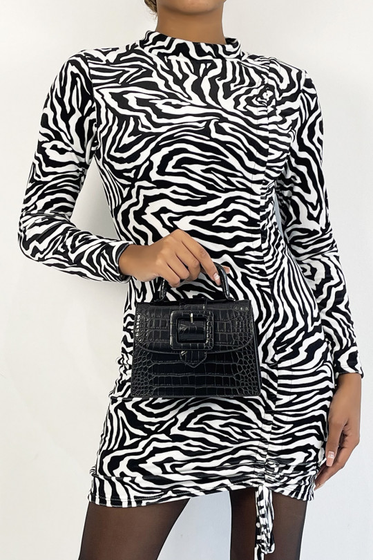 Black and white zebra print velvet dress with adjustable gathered - 1