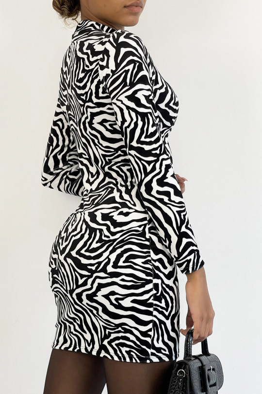 Black and white zebra print velvet dress with adjustable gathered - 4