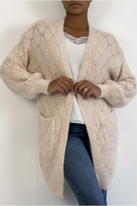 Long pink fluffy cardigan with pockets 