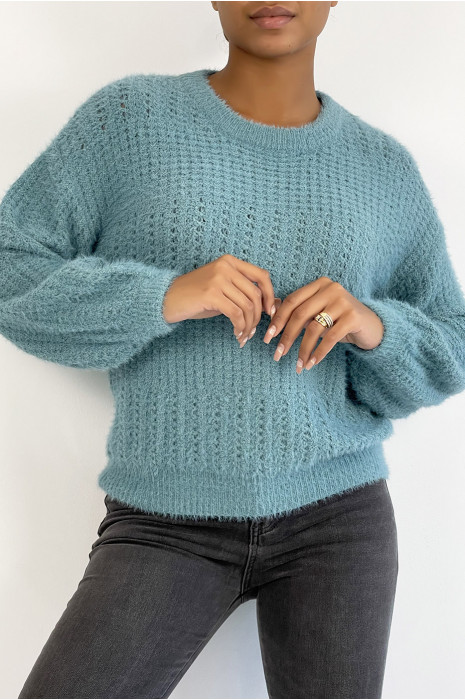 Pull bleu tombant et duveteux dans une belle matière chaude - 2