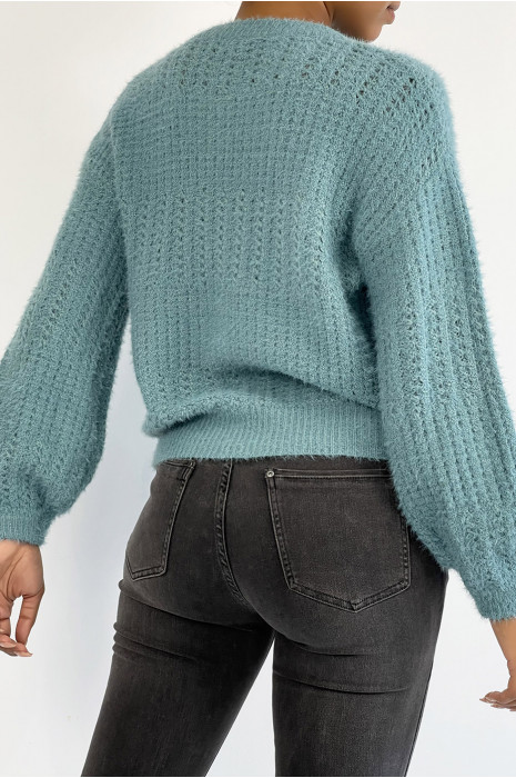 Pull bleu tombant et duveteux dans une belle matière chaude - 4