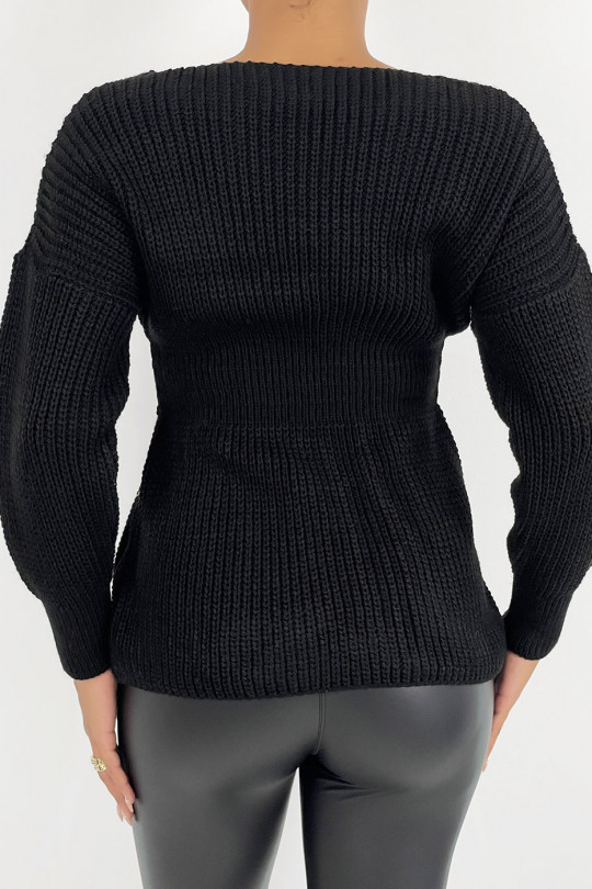 Pull mi-long noir effet maille avec col plongeant cintré à la taille et manche ample serrée au poignet - 3 Pull mi-long noir effet maille avec col plongeant cintré à la taille et manche ample serrée au poignet - 3