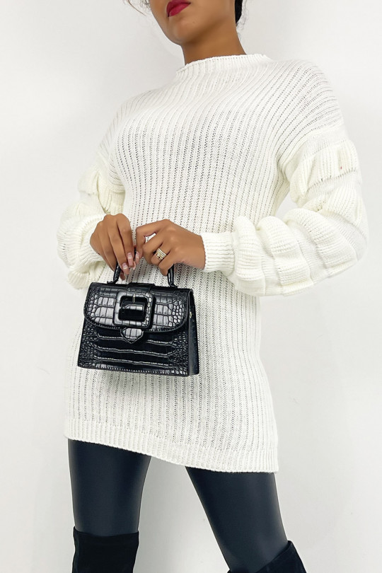 Witte sweaterjurk met gebreide look, opstaande kraag en pofmouwen - 4
