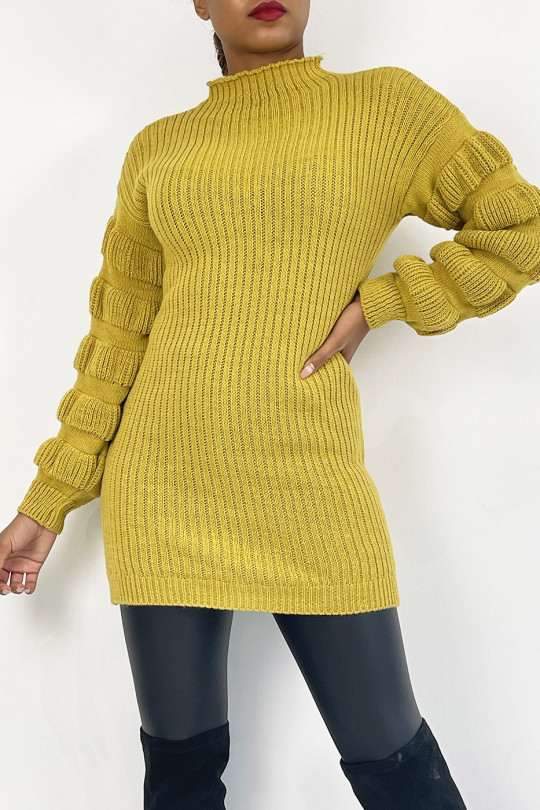 Mustard yellow knit effect sweater dress with raised collar and puffed sleeves - 2