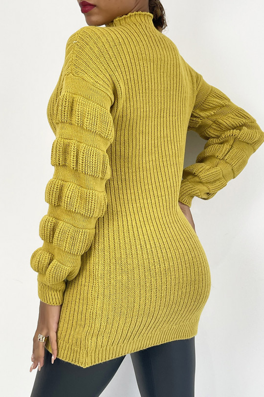Mustard yellow knit effect sweater dress with raised collar and puffed sleeves - 3