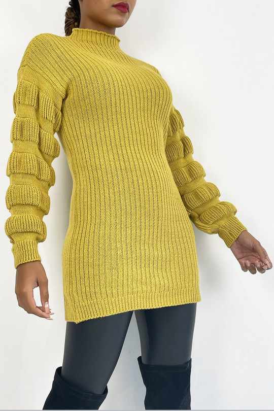 Mustard yellow knit effect sweater dress with raised collar and puffed sleeves - 5