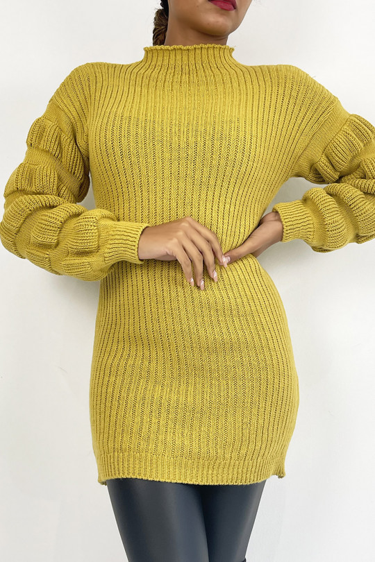 Mustard yellow knit effect sweater dress with raised collar and puffed sleeves - 6