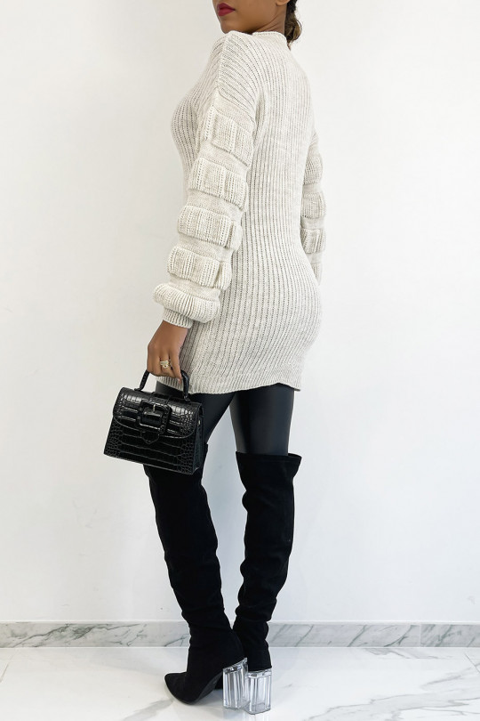 Beige knit-effect sweater dress with raised collar and puffed sleeve - 3