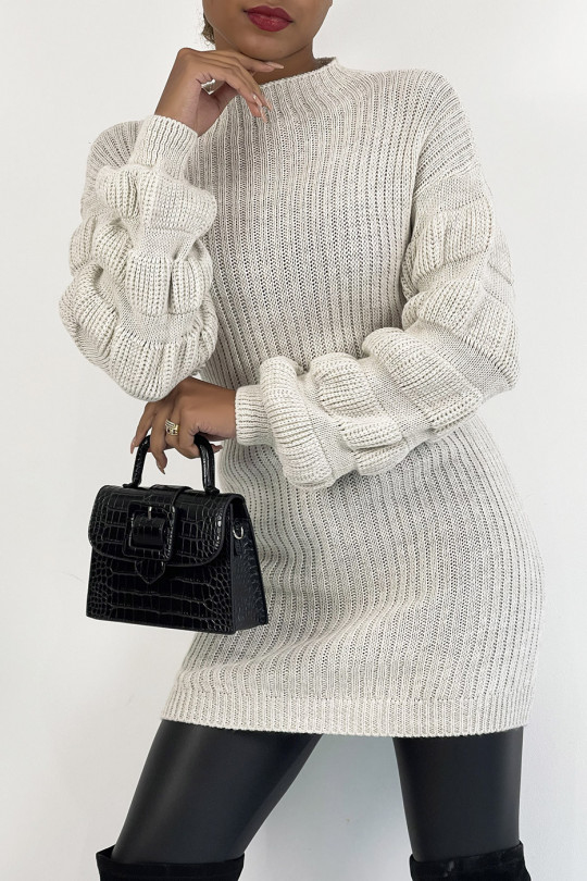 Beige knit-effect sweater dress with raised collar and puffed sleeve - 4
