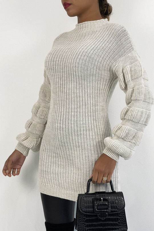 Beige knit-effect sweater dress with raised collar and puffed sleeve - 5