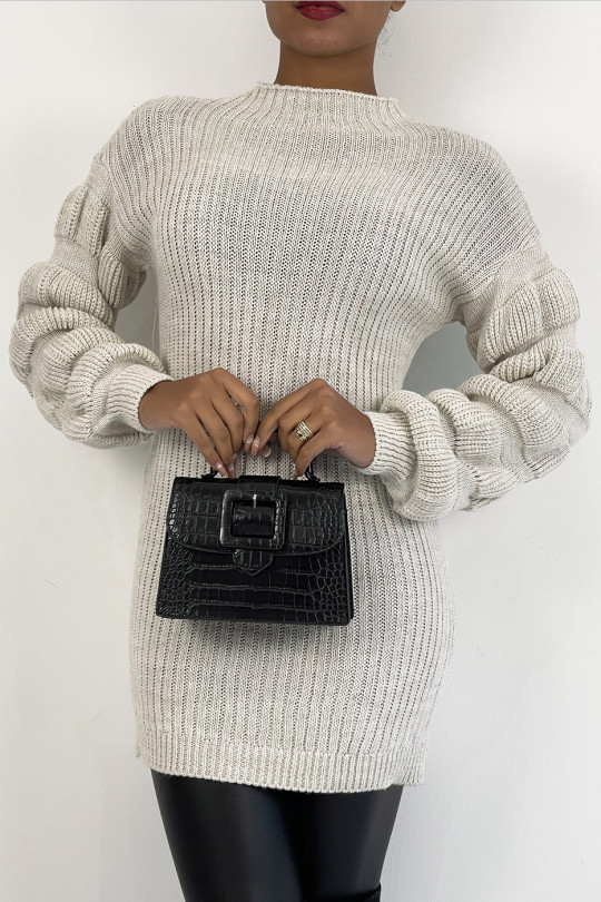 Beige knit-effect sweater dress with raised collar and puffed sleeve - 6