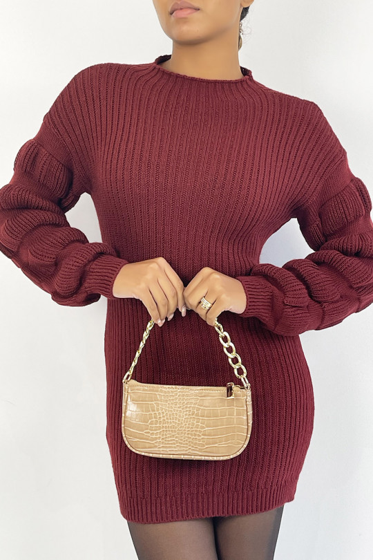 Burgundy sweaterjurk met breipatroon, opstaande kraag en pofmouwen - 3