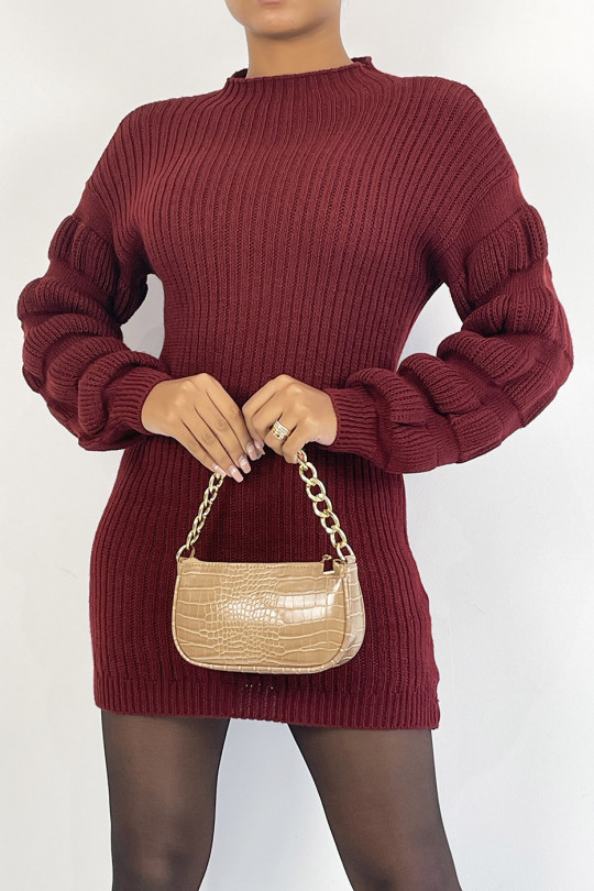 Burgundy sweaterjurk met breipatroon, opstaande kraag en pofmouwen - 6