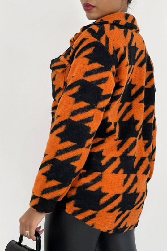 Halflang oranje en zwart tweekleurig geruit overshirtjack met knoopsluiting en reverskraag - 3