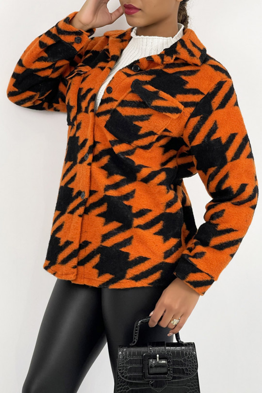 Veste surchemise bicolore orange et noire à carreaux mi-longue avec fermeture à boutons et col à revers - 4