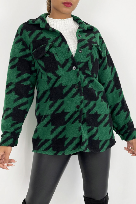 Veste surchemise bicolore vert forêt et noire à carreaux mi-longue avec fermeture à boutons et col à revers - 2