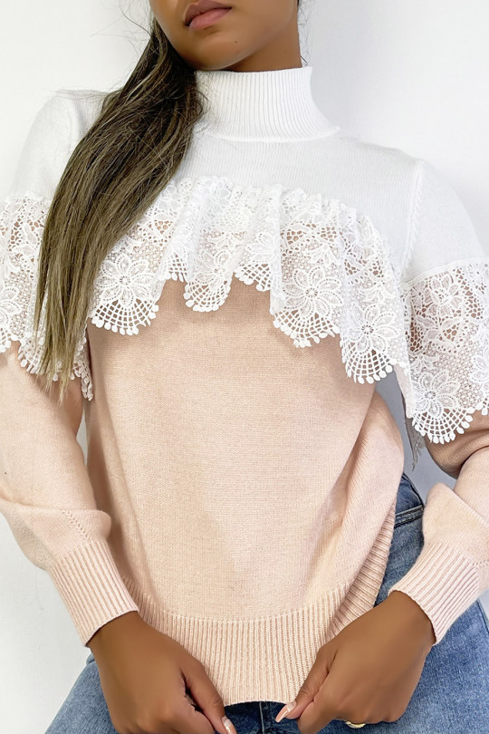 Powder pink and white two-tone loose cropped sweater with high collar and lace veil on the chest - 1