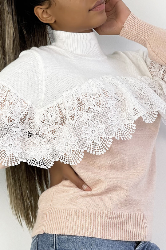 Powder pink and white two-tone loose cropped sweater with high collar and lace veil on the chest - 3