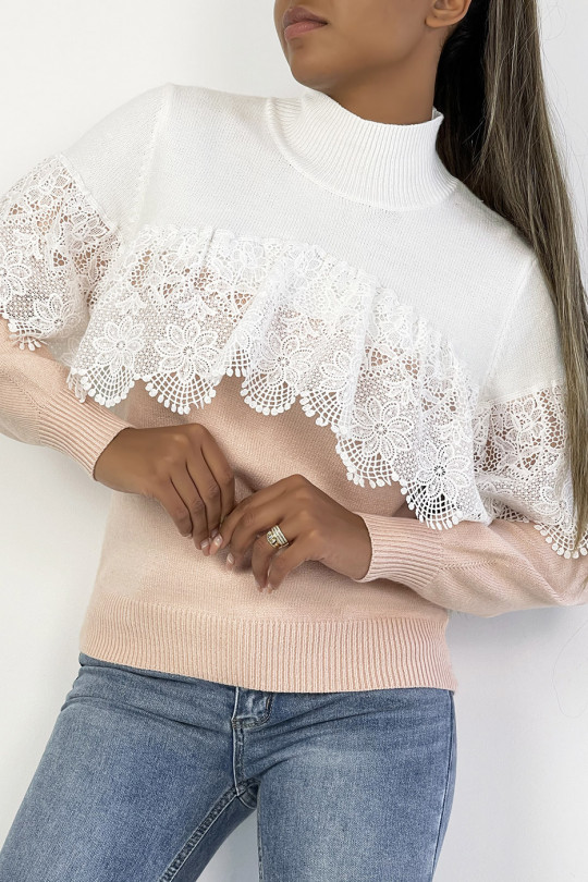 Powder pink and white two-tone loose cropped sweater with high collar and lace veil on the chest - 4