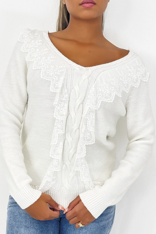 White cropped sweater with braided V-neck and lace that unfurls in the center of the top. - 1