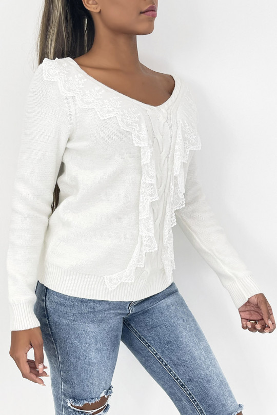 White cropped sweater with braided V-neck and lace that unfurls in the center of the top. - 2