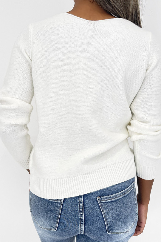 White cropped sweater with braided V-neck and lace that unfurls in the center of the top. - 3