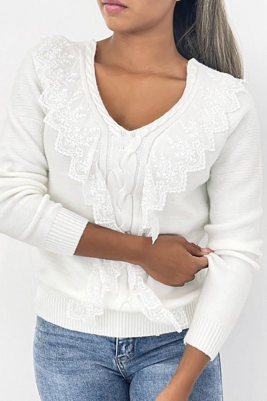 White cropped sweater with braided V-neck and lace that unfurls in the center of the top. - 4