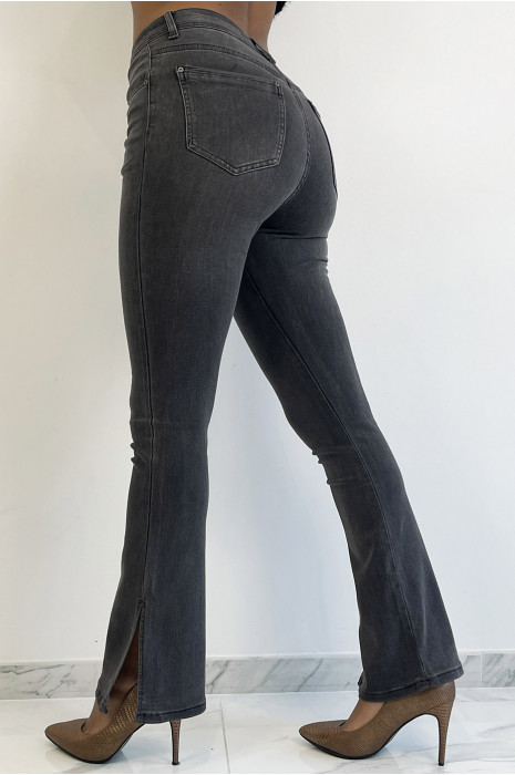 Jean noir délavé taille haute patte d'éléphant avec fente cintré à la taille - 2