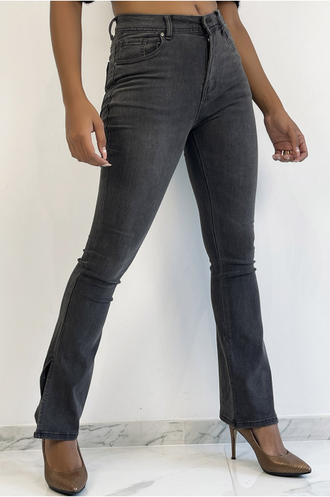 Faded black high waisted elephant leg jeans with cinched waist slit - 7