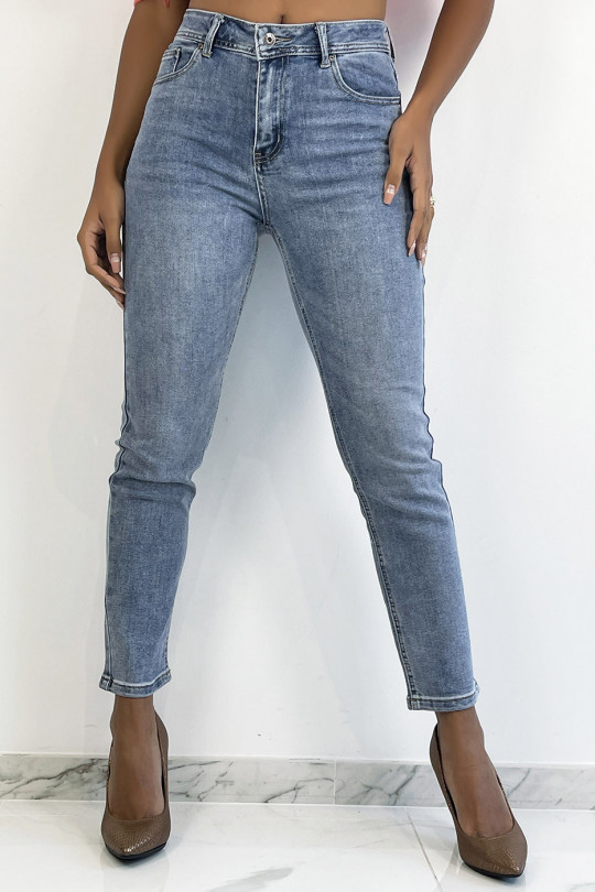 Light blue high-waisted boyfriend-effect jeans, cinched at the waist with back pockets - 2
