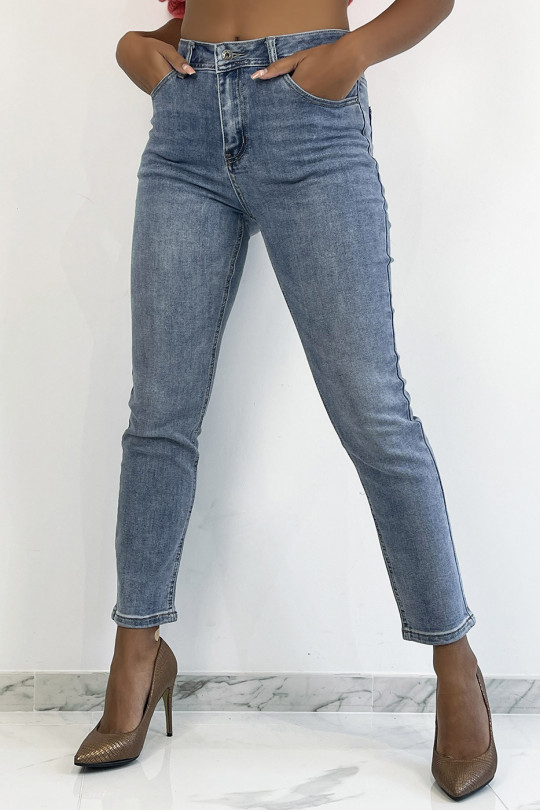 Light blue high-waisted boyfriend-effect jeans, cinched at the waist with back pockets - 3